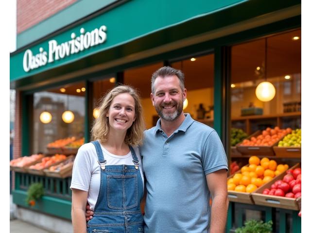 Founders Sarah and Tom Green smiling in front of the Oasis Provisions store facade with fresh produce displays.