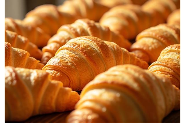 Golden, flaky freshly baked croissants